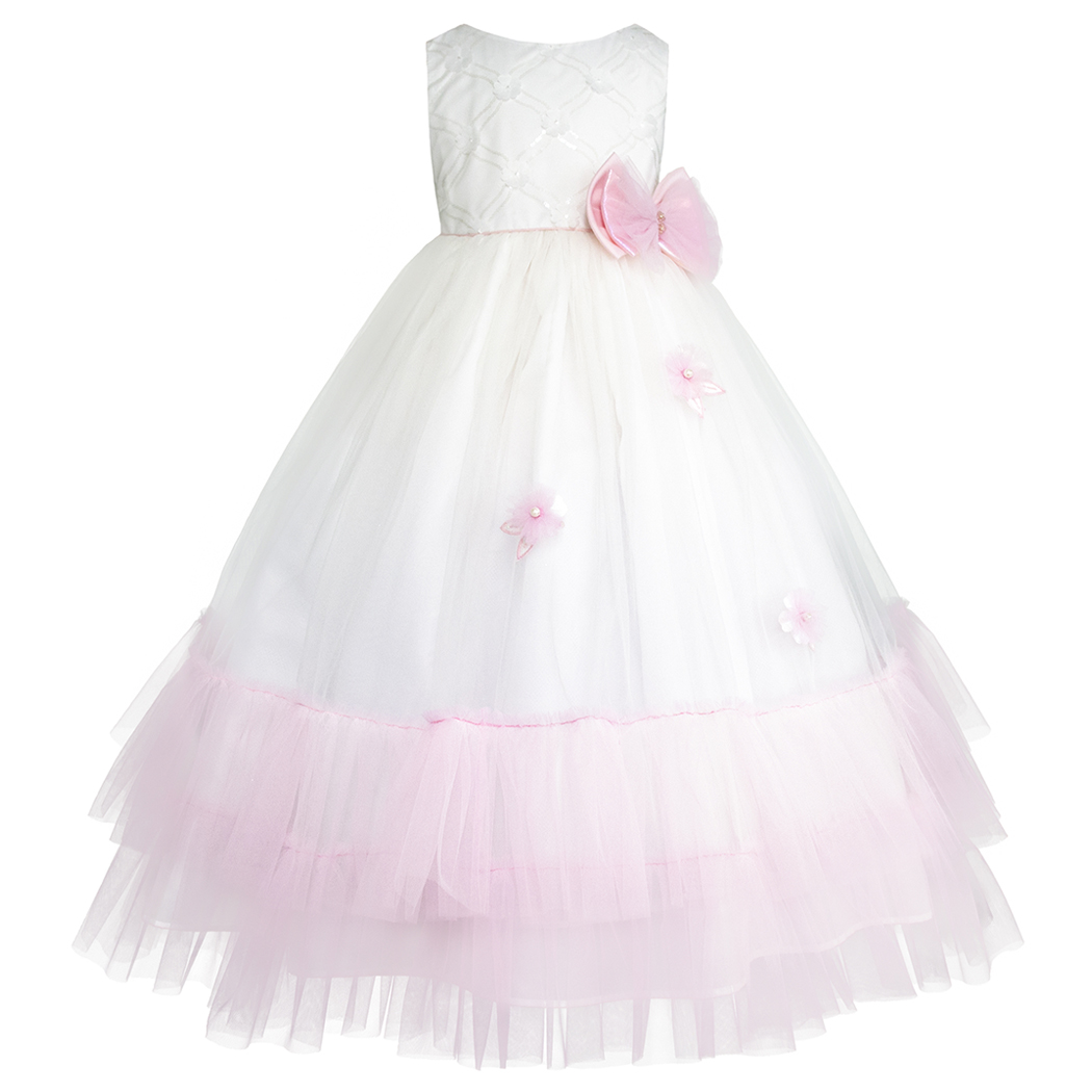 Foto 3 pulgar | Vestido De Fiesta Blanco Y Rosa Con Tul Y Flores Gerat