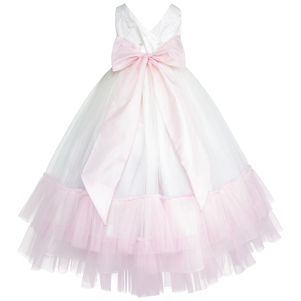 Foto 4 pulgar | Vestido De Fiesta Blanco Y Rosa Con Tul Y Flores Gerat
