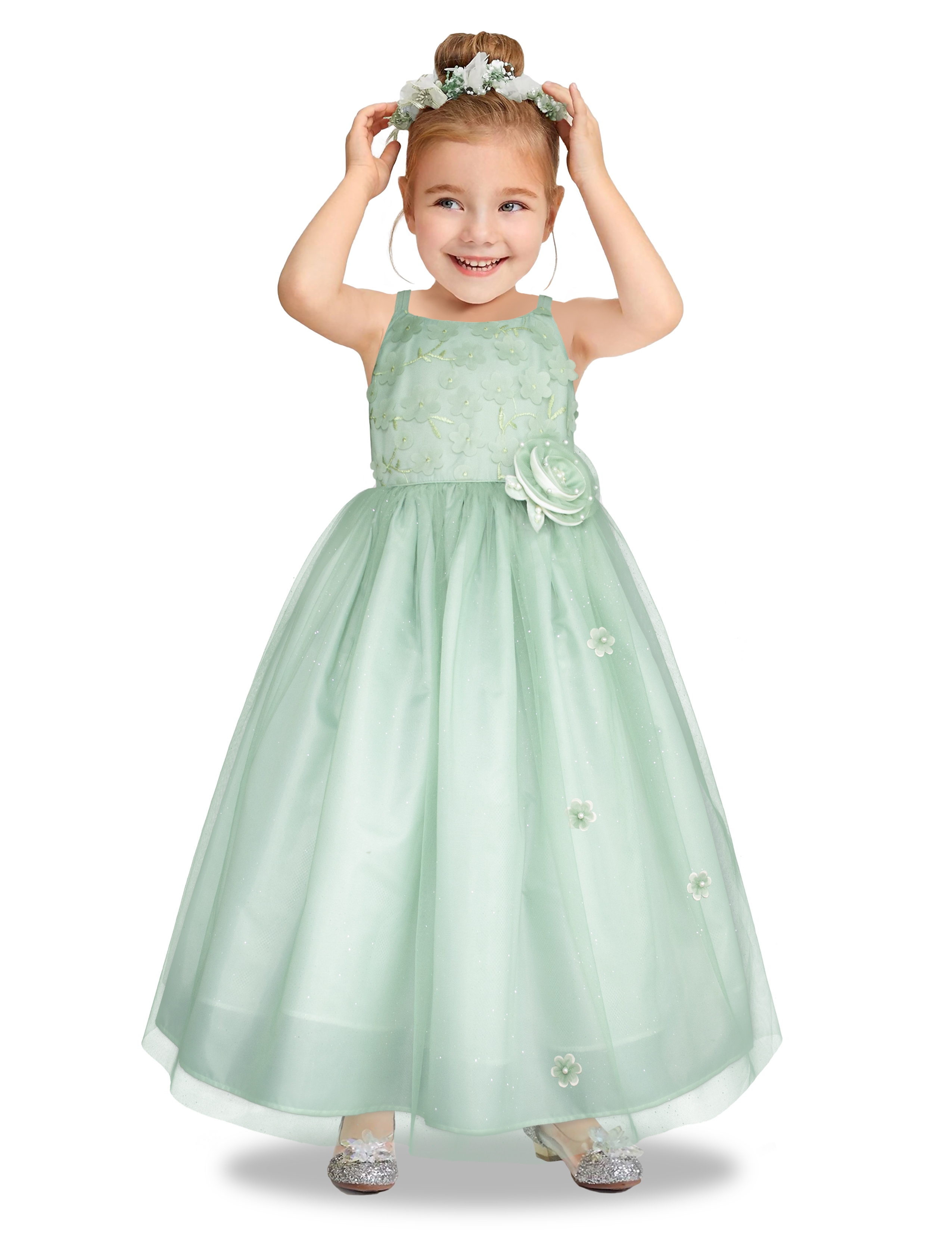 Foto 2 pulgar | Vestido De Fiesta Verde Pastel Con Tul Y Flores Gerat