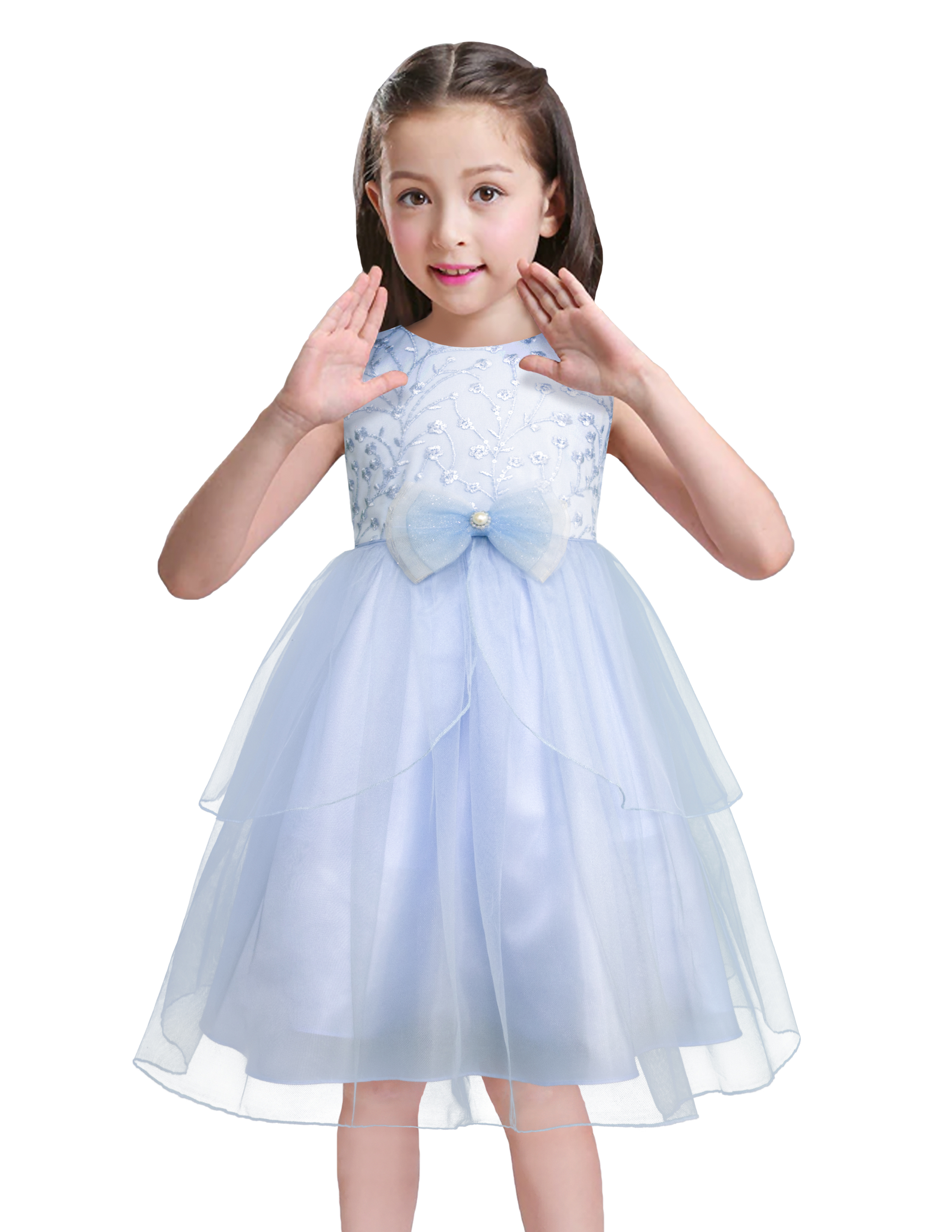 Vestido De Fiesta Azul Cielo Con Encaje Y Tul Para Niñas