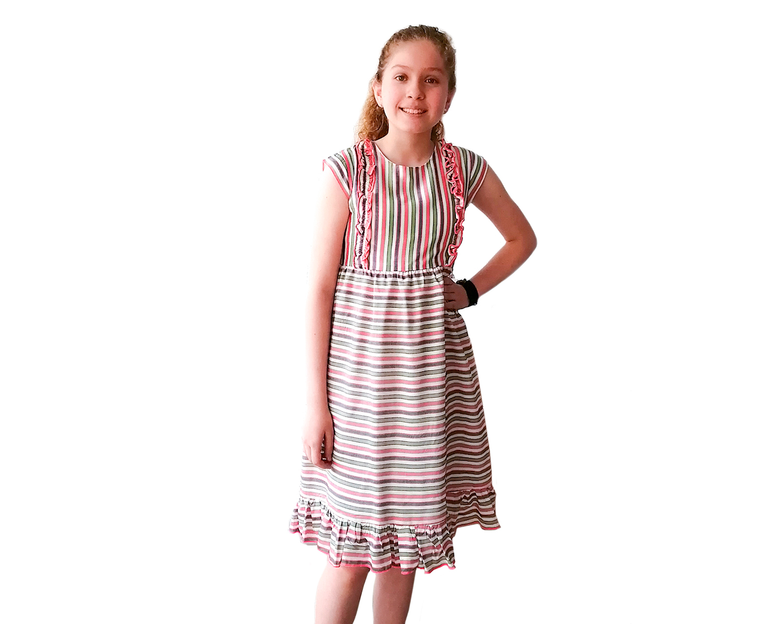 Foto 2 pulgar | Vestido Para Niña Carana A Rayas Midi Olan Bajo Con Rufles En Pecho Talla 12