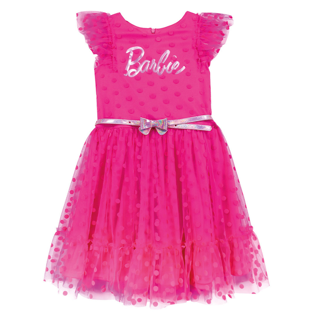 Foto 2 pulgar | Vestido Fiusha En Tela Brillante Con Cinturon Y Distintivo Estampado De Barbie Para Niña
