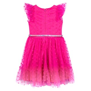 Foto 2 | Vestido Fiusha En Tela Brillante Con Cinturon Y Distintivo Estampado De Barbie Para Niña