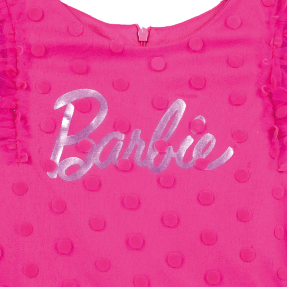 Foto 4 pulgar | Vestido Fiusha En Tela Brillante Con Cinturon Y Distintivo Estampado De Barbie Para Niña