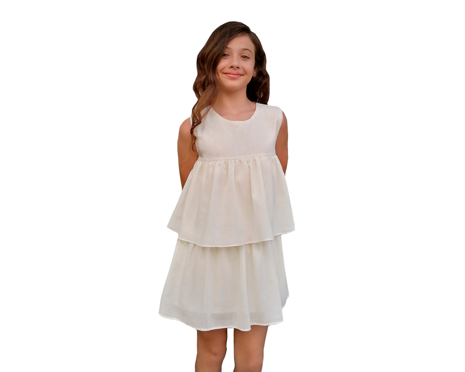 Foto 2 pulgar | Vestido Pata Niña Carana En Algodón Color Beige, Sin Mangas, Corte Pecho Con Dos Olanes