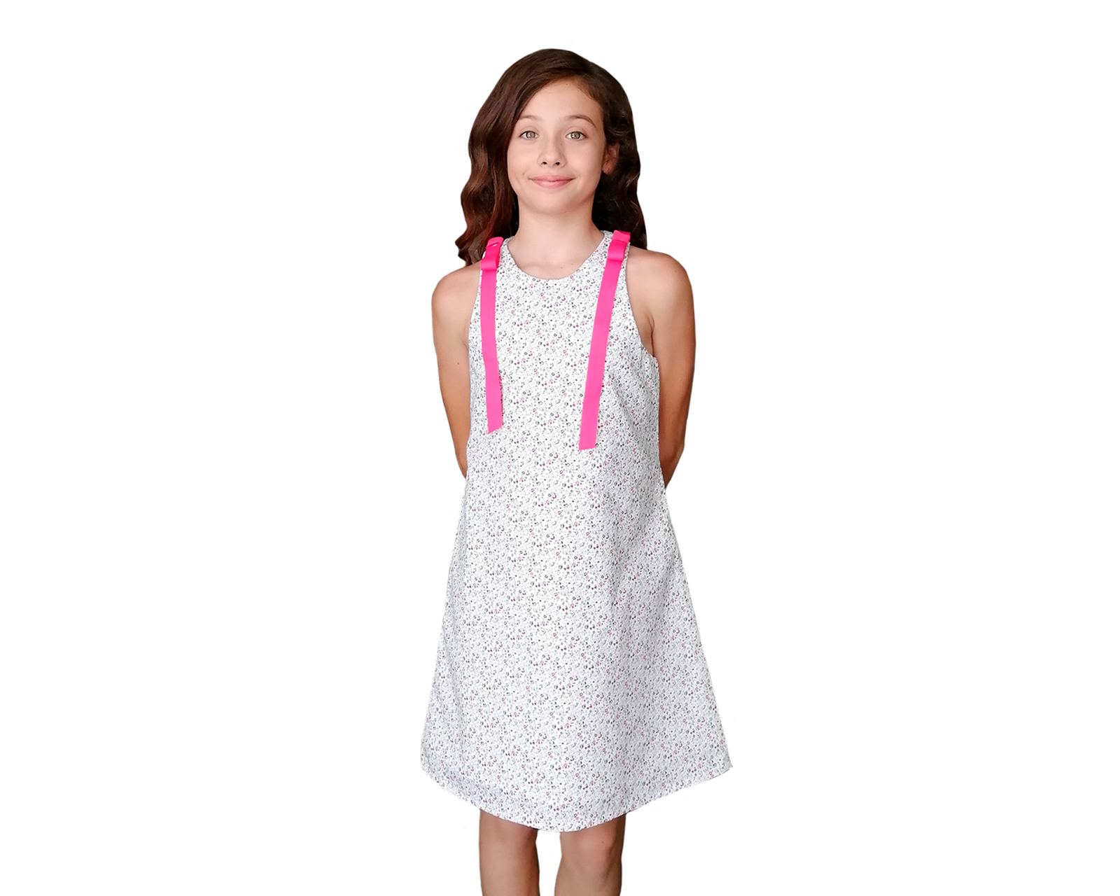 Foto 2 pulgar | Vestido Para Niña Carana En Color Blanco Con Mini Flores, Sin Mangas, Lineas A Con Adornos De Listones En Hombros