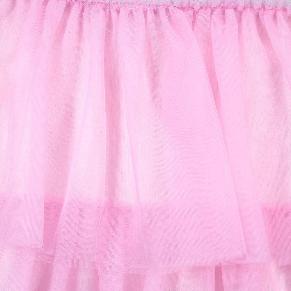 Foto 2 pulgar | Vestido Con Olanes Combinado El Color Plata En Tela Brillante Y El Rosa, Con Estampado De Barbie Para Niña