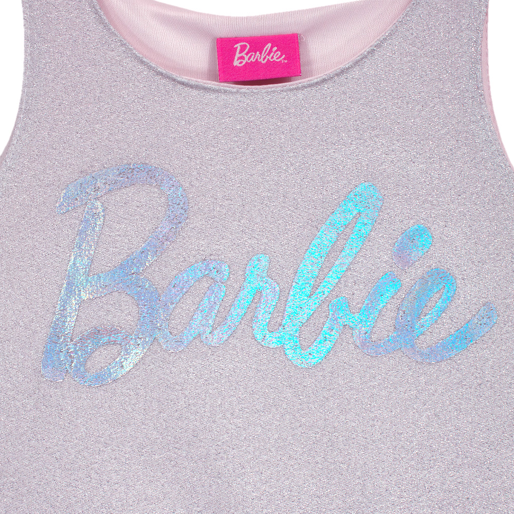 Foto 3 pulgar | Vestido Con Olanes Combinado El Color Plata En Tela Brillante Y El Rosa, Con Estampado De Barbie Para Niña