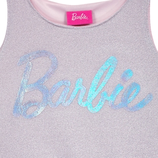 Foto 2 | Vestido Con Olanes Combinado El Color Plata En Tela Brillante Y El Rosa, Con Estampado De Barbie Para Niña