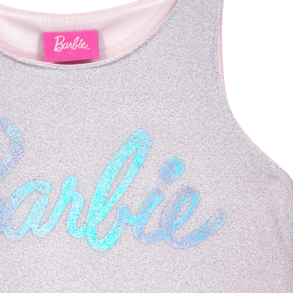 Foto 4 pulgar | Vestido Con Olanes Combinado El Color Plata En Tela Brillante Y El Rosa, Con Estampado De Barbie Para Niña