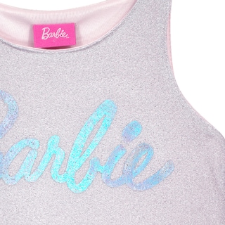 Foto 3 | Vestido Con Olanes Combinado El Color Plata En Tela Brillante Y El Rosa, Con Estampado De Barbie Para Niña
