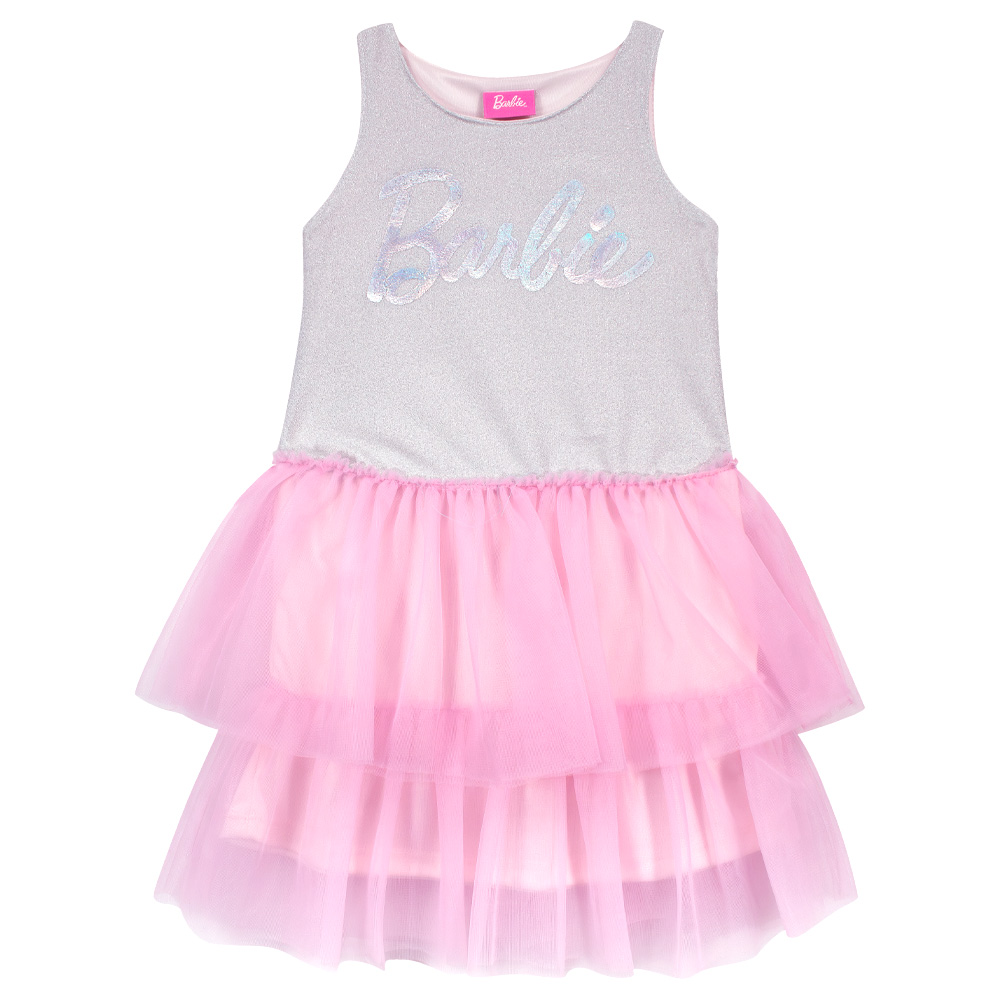 Foto 5 pulgar | Vestido Con Olanes Combinado El Color Plata En Tela Brillante Y El Rosa, Con Estampado De Barbie Para Niña