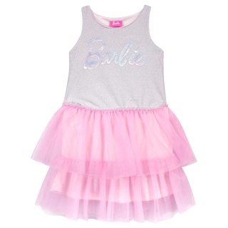 Foto 4 | Vestido Con Olanes Combinado El Color Plata En Tela Brillante Y El Rosa, Con Estampado De Barbie Para Niña