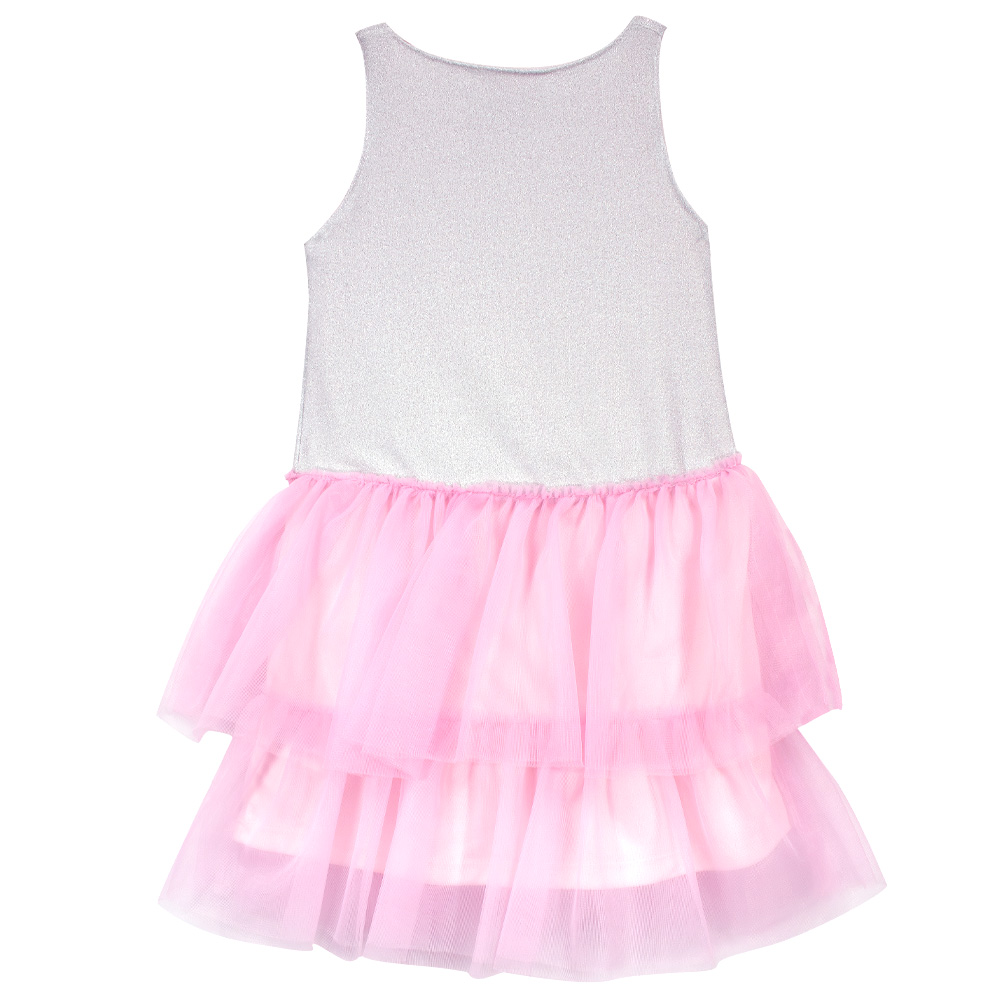 Foto 6 pulgar | Vestido Con Olanes Combinado El Color Plata En Tela Brillante Y El Rosa, Con Estampado De Barbie Para Niña