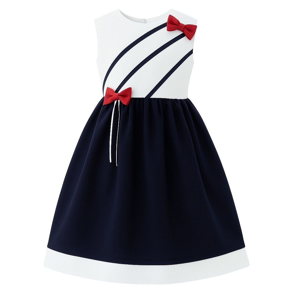 Vestido Para Niña Chicos Olé 3534 Azul Y Blanco Con Moños Rojos $499