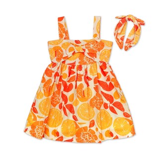 Foto 1 | Vestido Coqueta Para Niña En Algodón Naranja Con Estampado Frutal Y Diadema