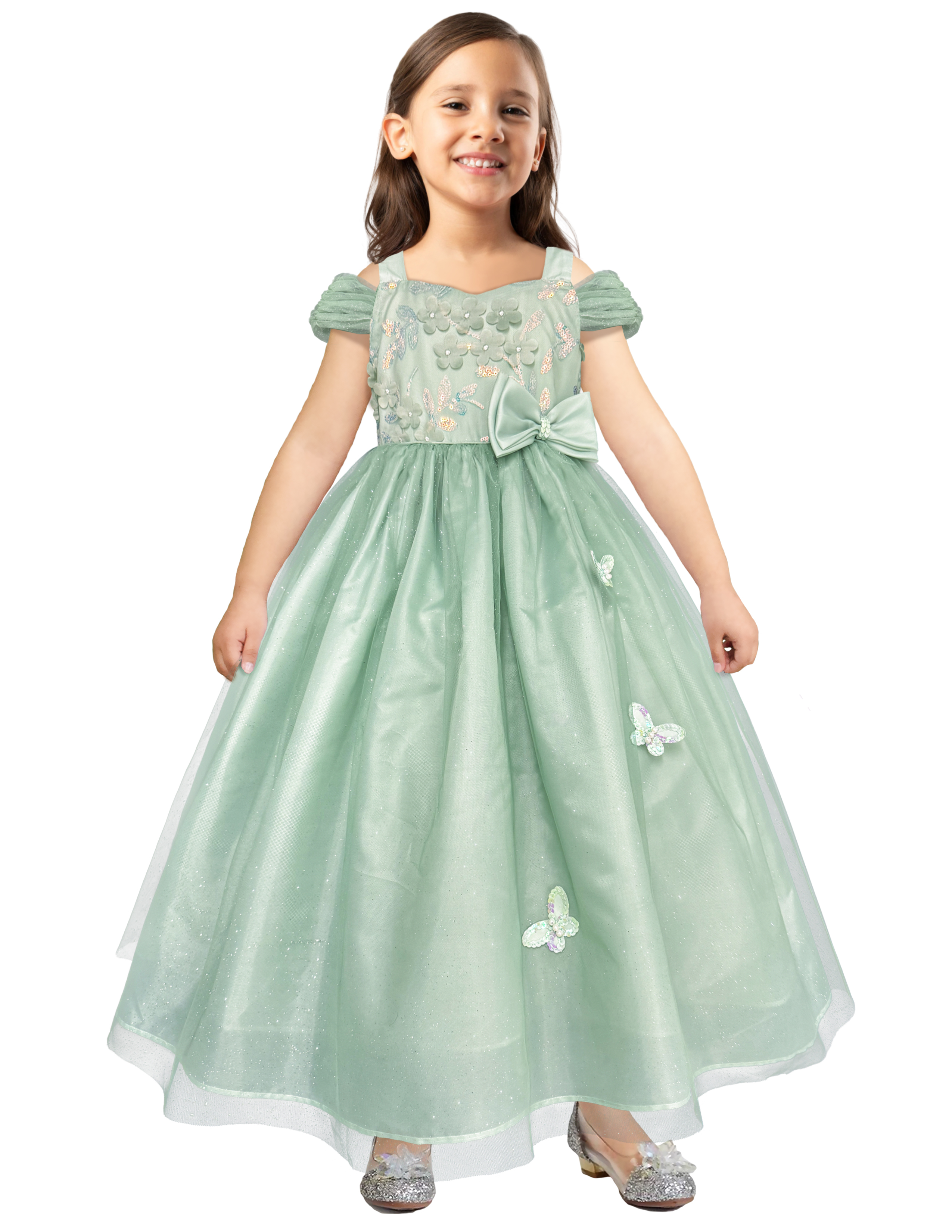 Foto 2 pulgar | Vestido De Fiesta Verde Para Niña Con Mariposas Y Moño Gerat