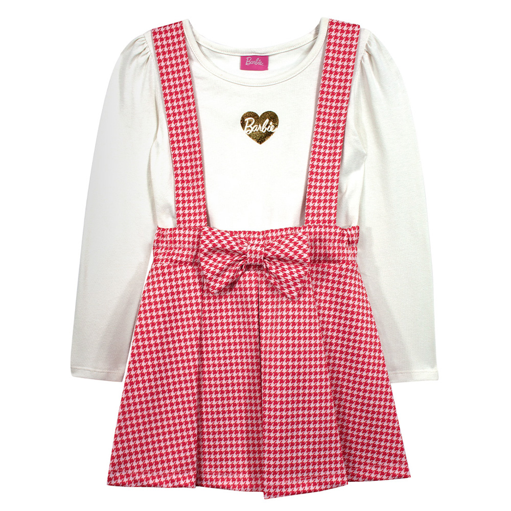 Jumper Color Rojo Cuadriculado, Blusa Blanca Y Aplicaciones Doradas Para Niña