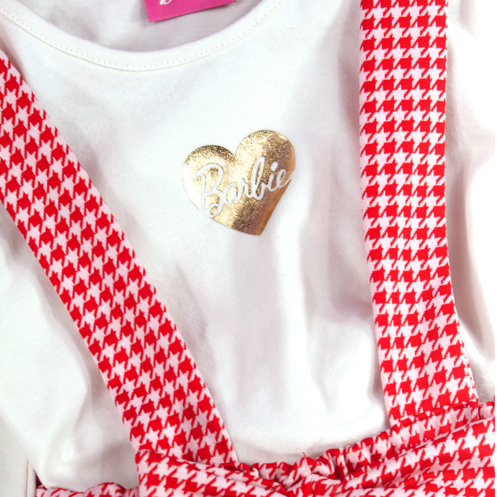 Foto 4 pulgar | Jumper Color Rojo Cuadriculado, Blusa Blanca Y Aplicaciones Doradas Para Niña