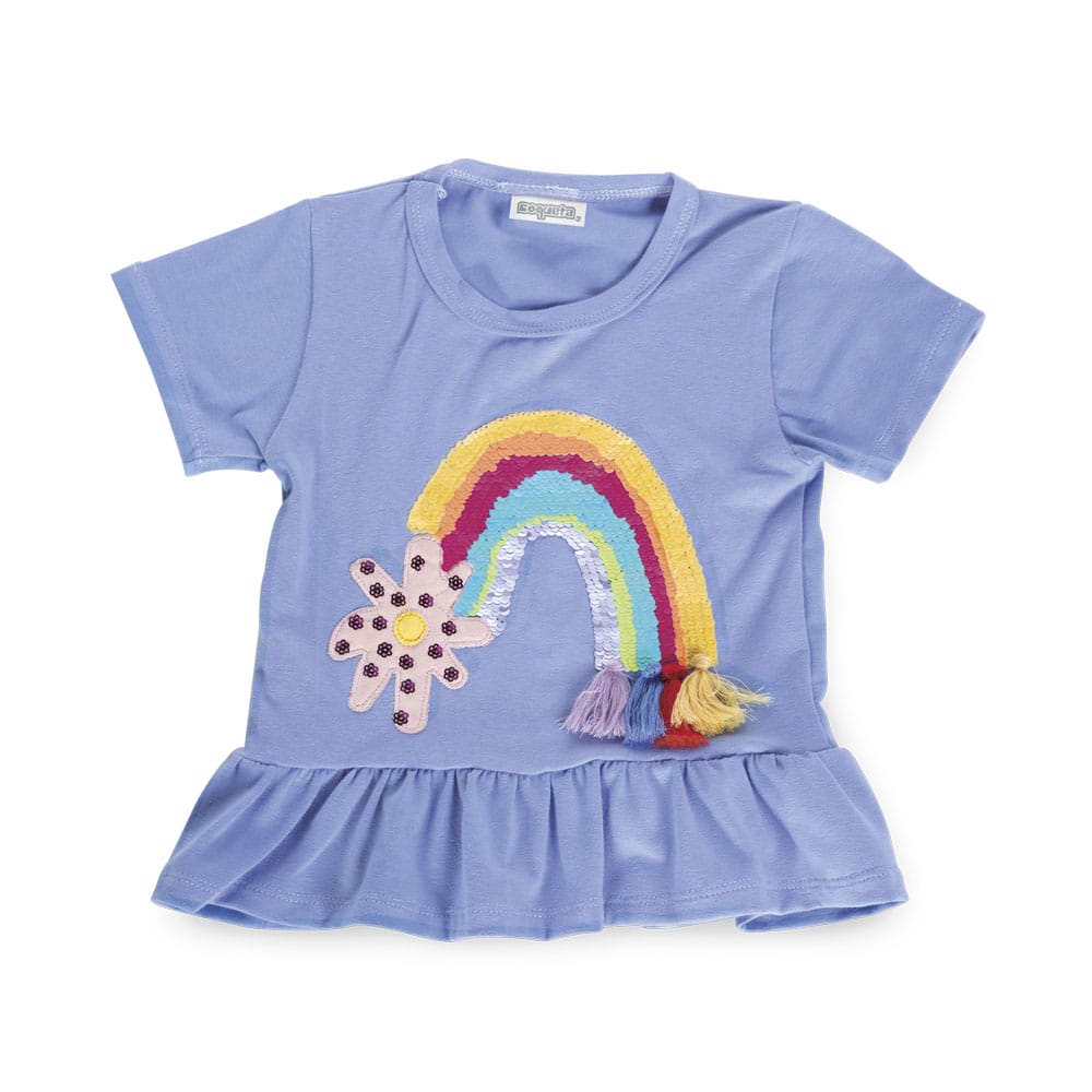 Foto 2 pulgar | Blusa Coqueta Para Niña De Algodón Azul Con Arcoiris.