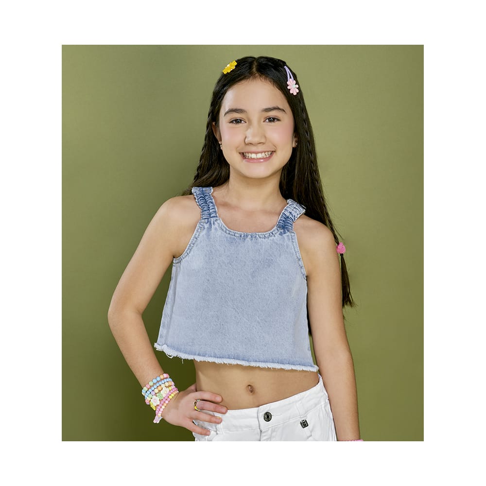 Blusa Coqueta Para Niña De Algodón En Azul Con Efecto Denim