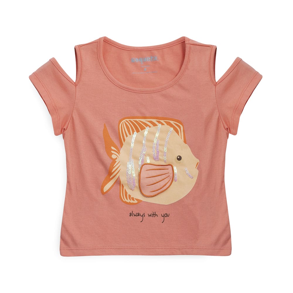 Foto 2 pulgar | Playera Coqueta Para Niña De Algodón Coral Con Estampado De Pez.