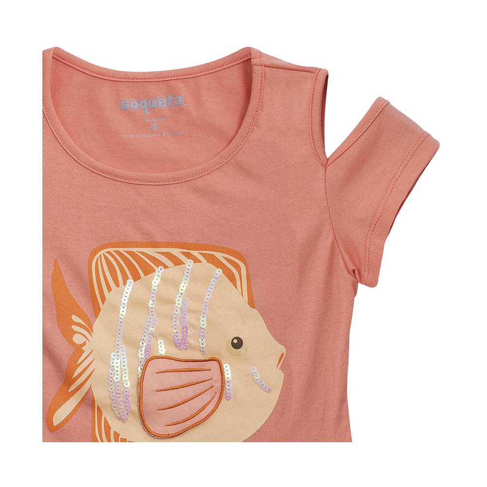 Foto 4 pulgar | Playera Coqueta Para Niña De Algodón Coral Con Estampado De Pez.