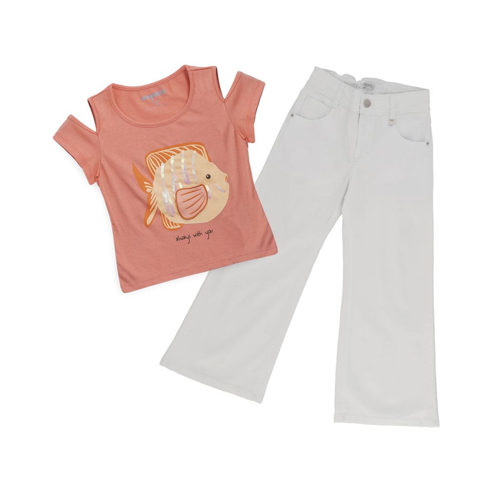 Foto 5 pulgar | Playera Coqueta Para Niña De Algodón Coral Con Estampado De Pez.