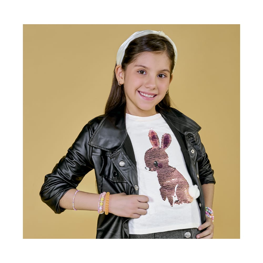 Foto 4 pulgar | Playera Coqueta Para Niña De Algodón Beige Con Lentejuelas De Conejito