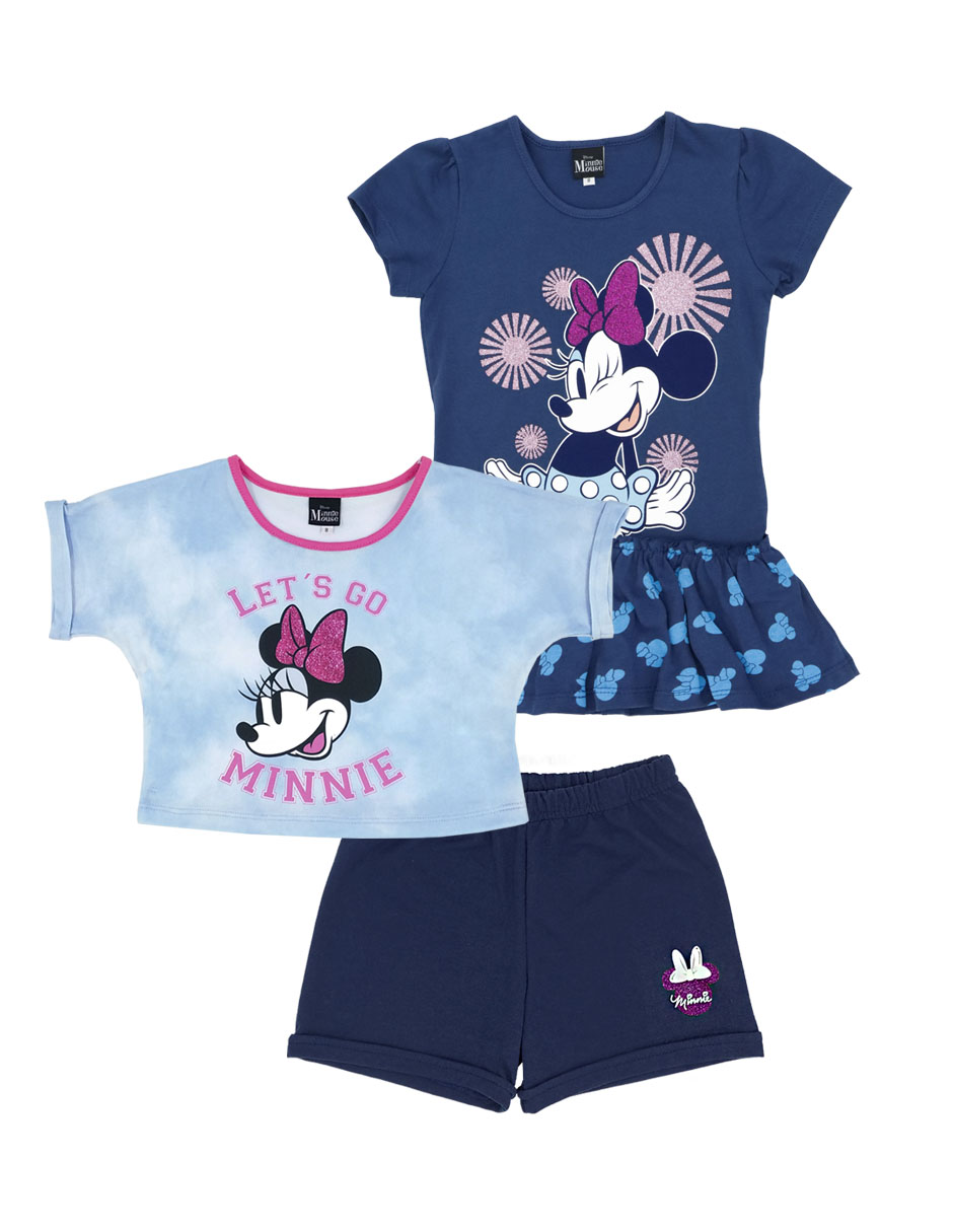 Foto 2 pulgar | Conjunto Disney 2 Playeras + Short Minnie Mouse color Azul para Niña