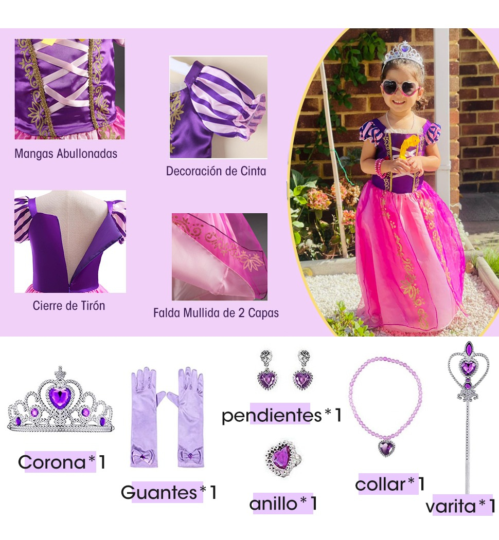 Foto 4 pulgar | Disfraz Princesa Rapunzel de Falda Larga Tangled de Niña para Halloween Fiesta de Cumpleaños o Cosplay