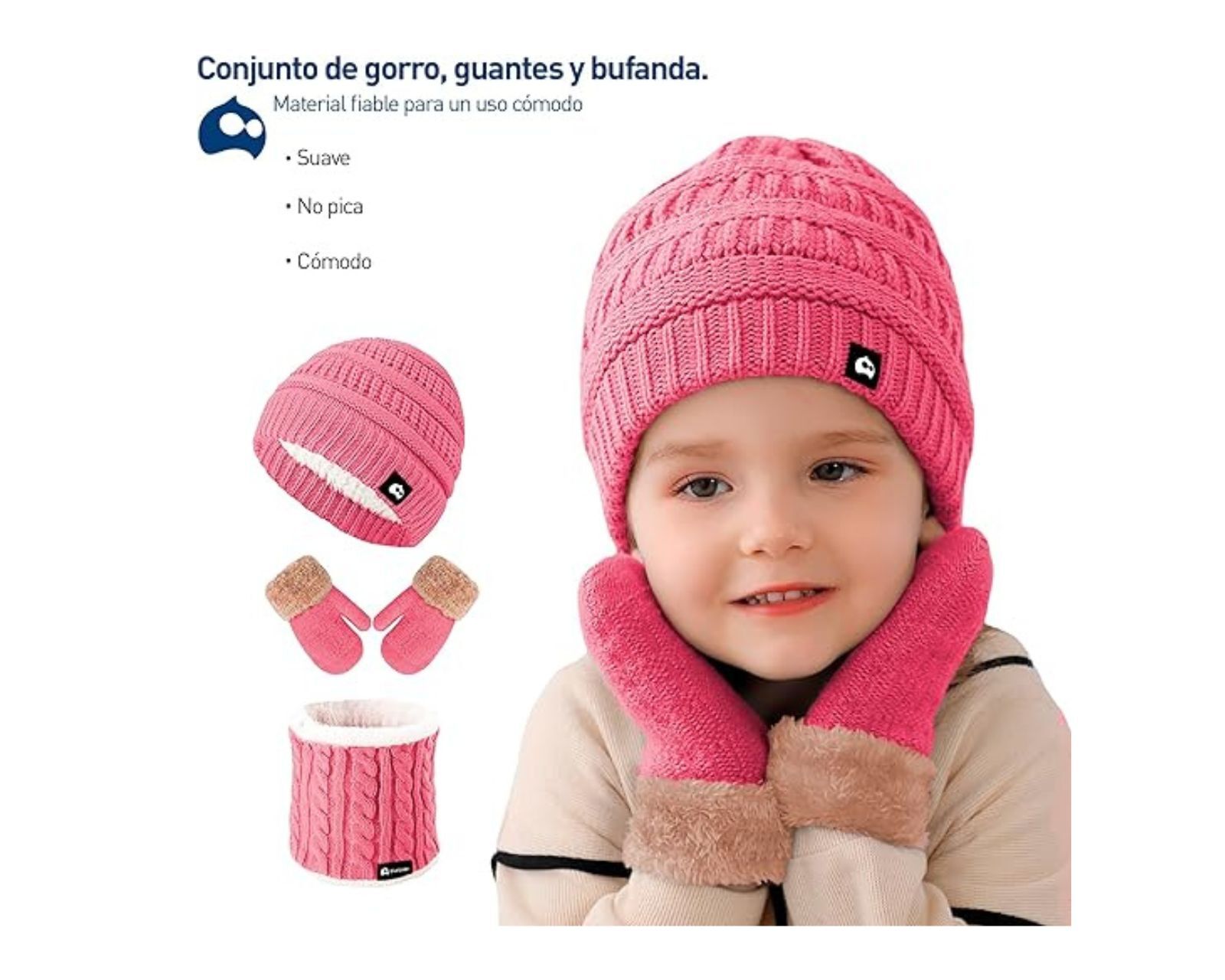 Foto 4 pulgar | Gorro + Bufanda + Guantes de Invierno Bluelander Rosa para Niña 3 Piezas