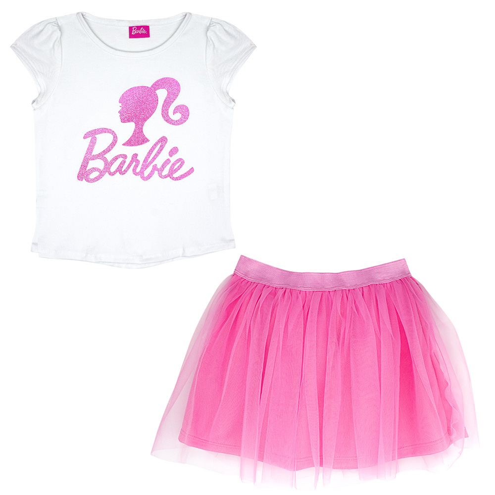 Foto 2 pulgar | Conjunto De Blusa Y Falda Brillante Con Logo De Barbie Para Niña