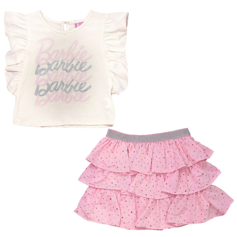 Foto 2 pulgar | Conjunto De Blusa Y Falda Brillante Con Logo De Barbie Para Niña