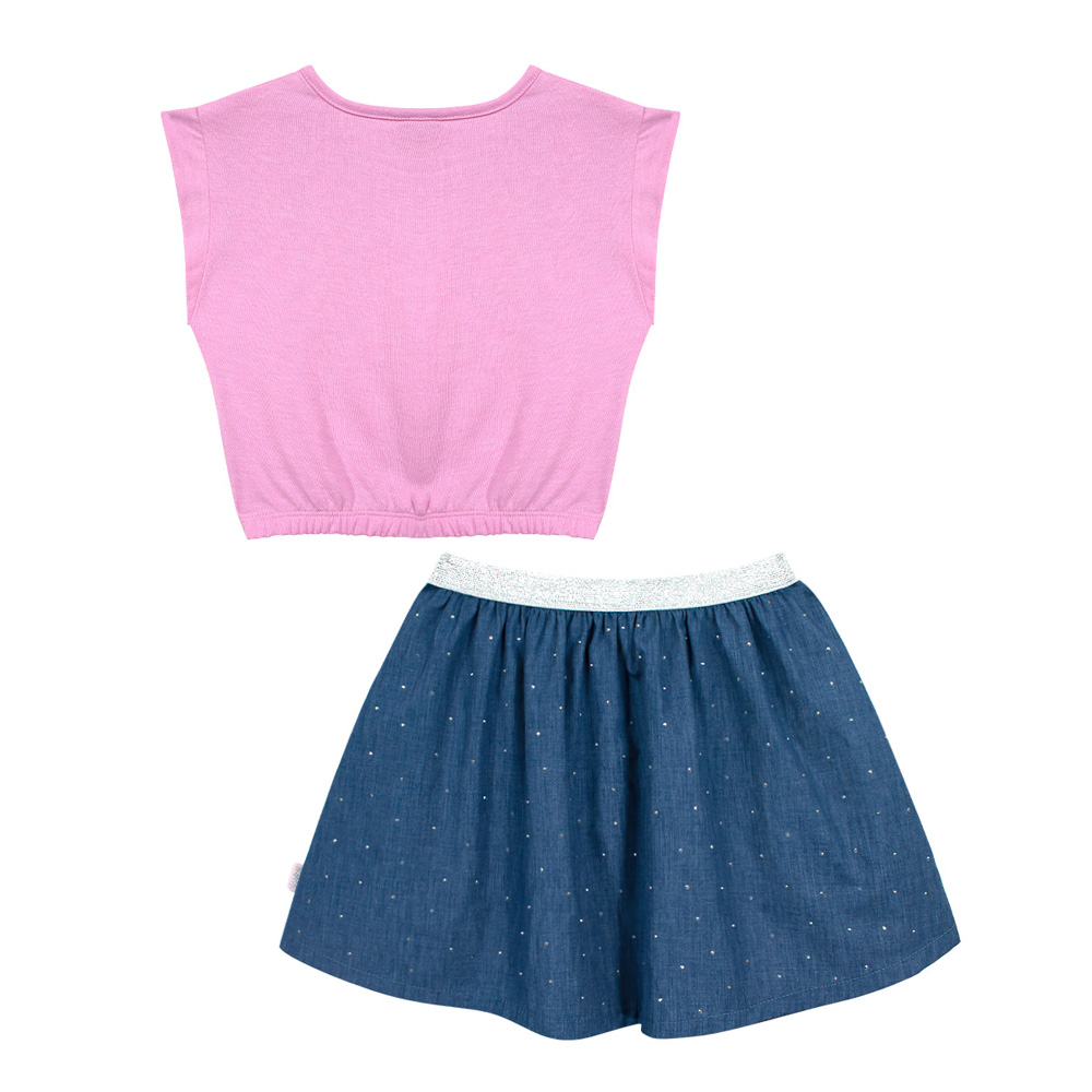 Foto 2 pulgar | Conjunto De Blusa Estampada Y Falda En Color Azul Con Aplicaciones De Barbie Para Niña