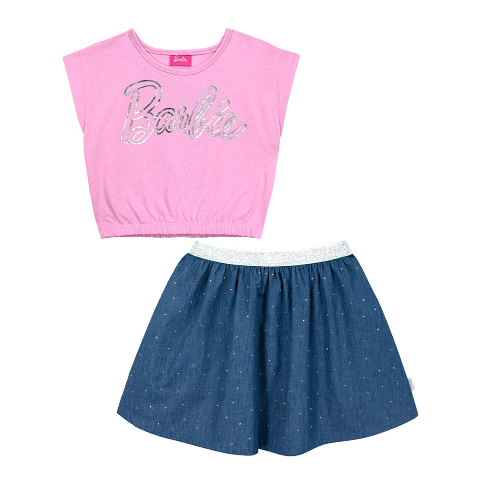 Foto 4 pulgar | Conjunto De Blusa Estampada Y Falda En Color Azul Con Aplicaciones De Barbie Para Niña