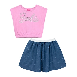 Foto 3 | Conjunto De Blusa Estampada Y Falda En Color Azul Con Aplicaciones De Barbie Para Niña