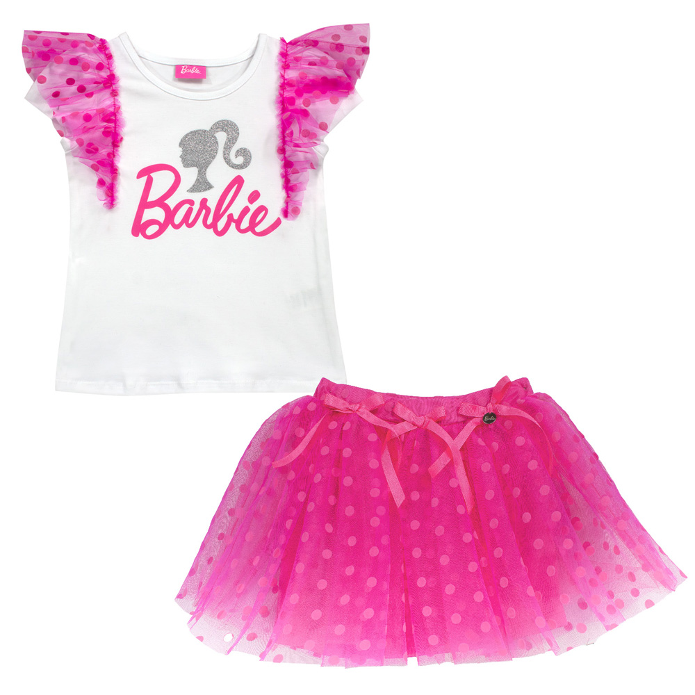 Conjunto De Blusita En Color Blanco Con Apliques De Lentejuela Y Falda En Color Fiusha De Olanes Brillantes