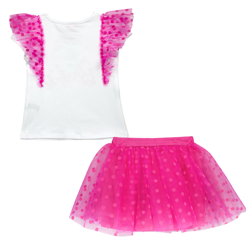 Foto 2 | Conjunto De Blusita En Color Blanco Con Apliques De Lentejuela Y Falda En Color Fiusha De Olanes Brillantes