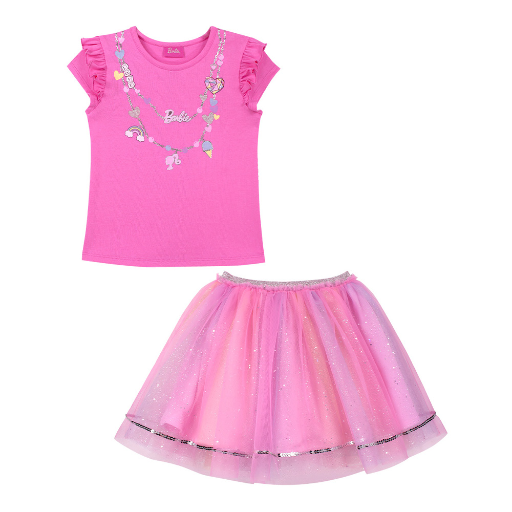 Foto 2 pulgar | Conjunto De Blusita Con Collar Y Falda En Color Fiusha De Olanes Brillantes