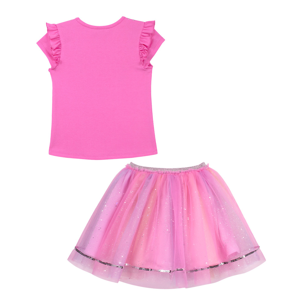 Foto 2 | Conjunto De Blusita Con Collar Y Falda En Color Fiusha De Olanes Brillantes