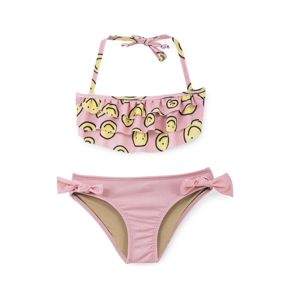 Foto 2 pulgar | Bikini Coqueta Para Niña De Poliéster Rosa Con Estampado De Caritas