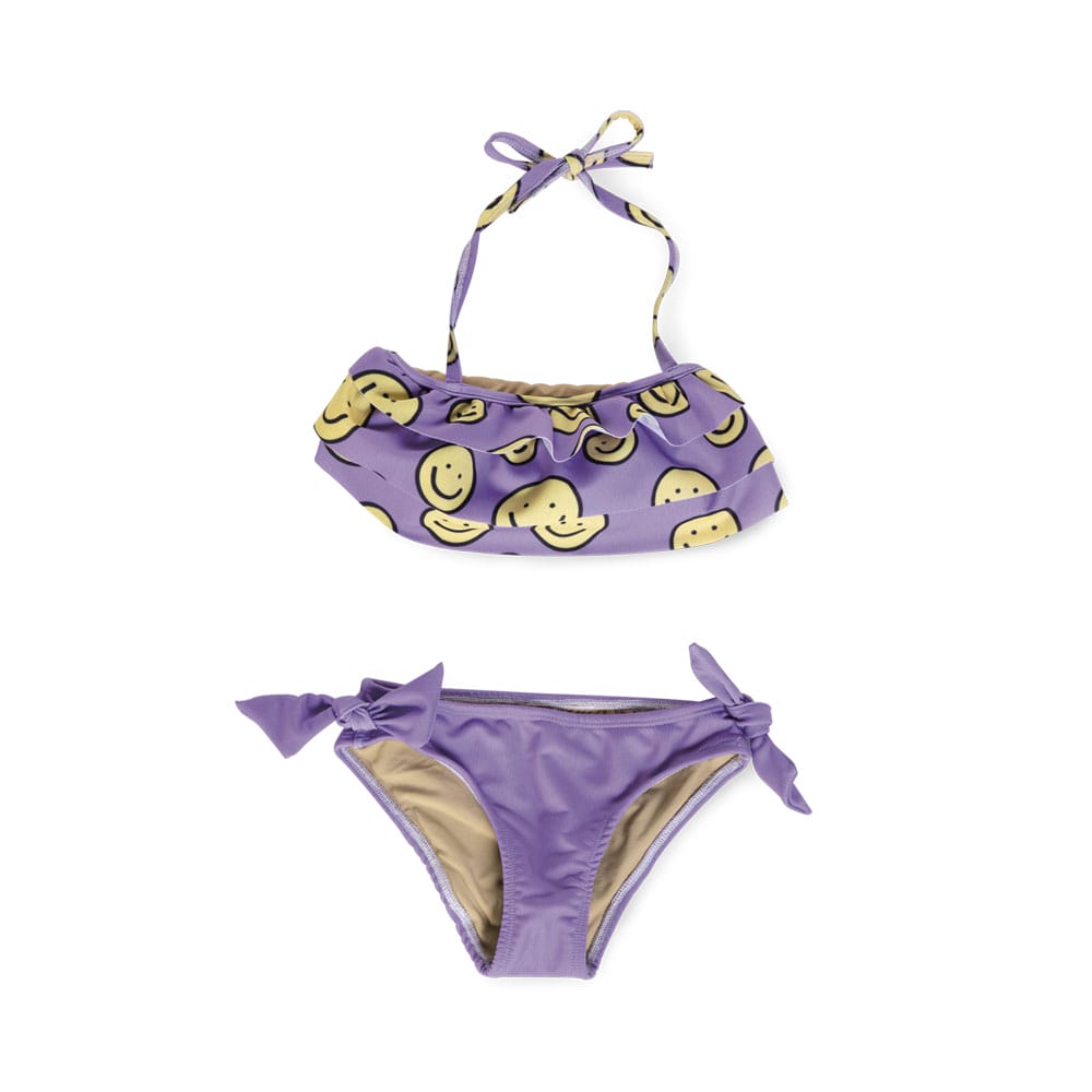 Foto 2 pulgar | Bikini Coqueta Para Niña De Poliéster Lila Con Estampado De Caritas