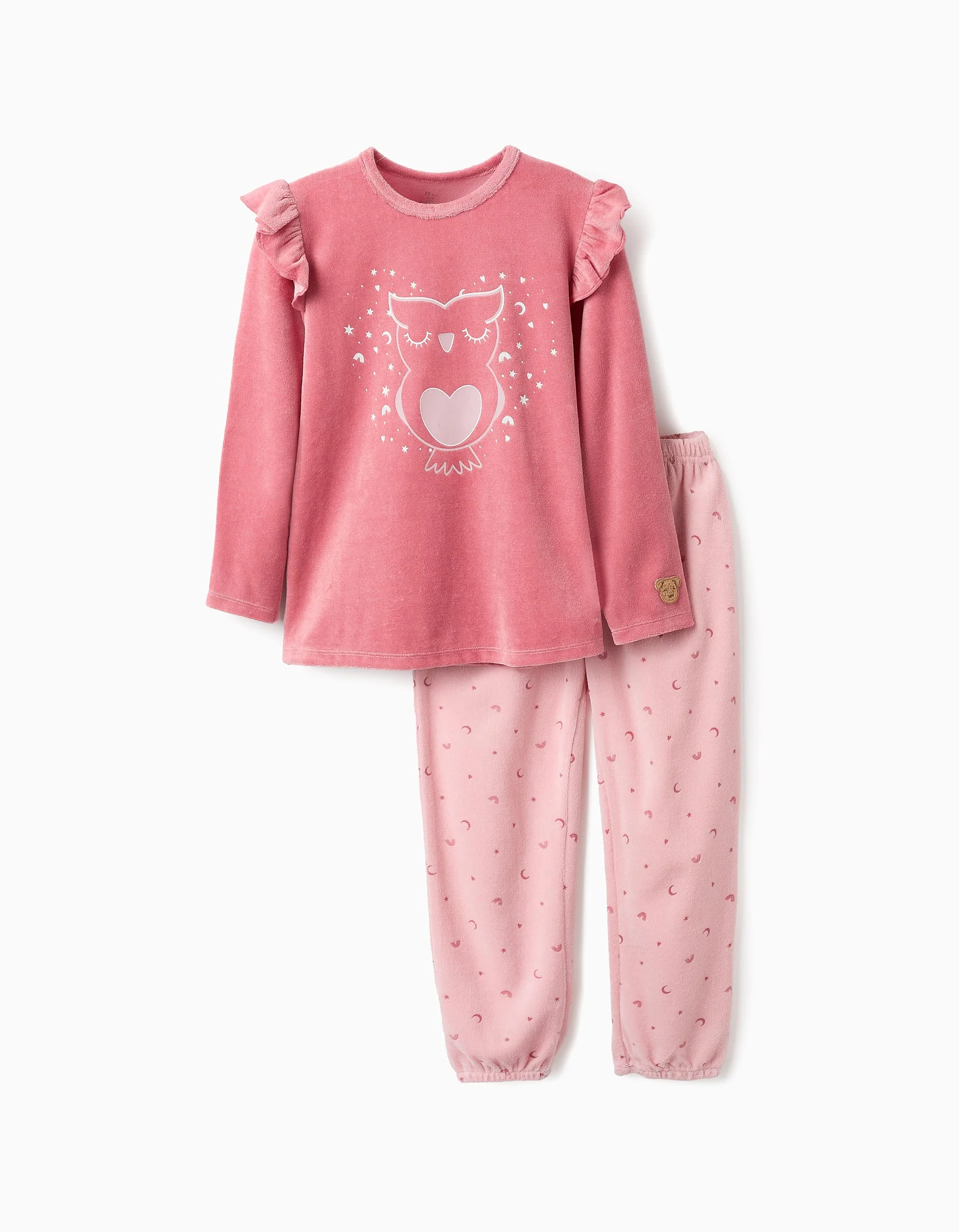 Pijama De Terciopelo Brilla En La Oscuridad Para Niña Búho Rosa Zippy