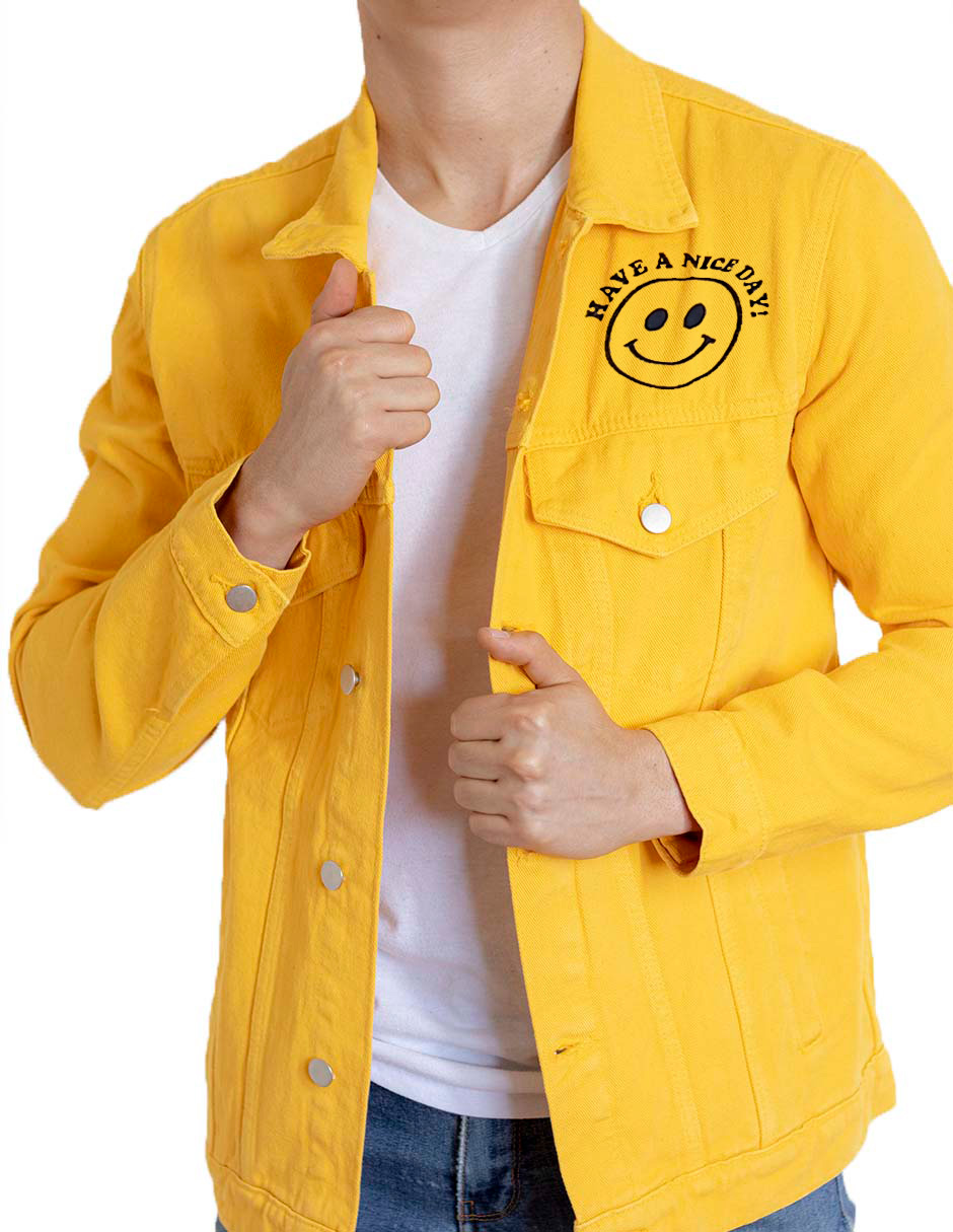 Foto 4 pulgar | Chamarra De Mezclilla Indicum Happy Face Slim Fit color Amarillo