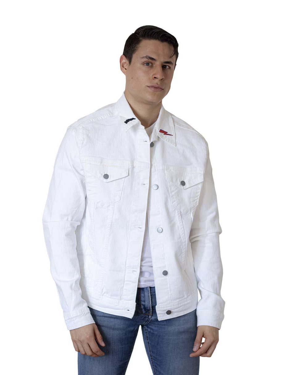 Chamarra de Mezclilla Indicum Denim Under Pressure color Blanco Slim Fit