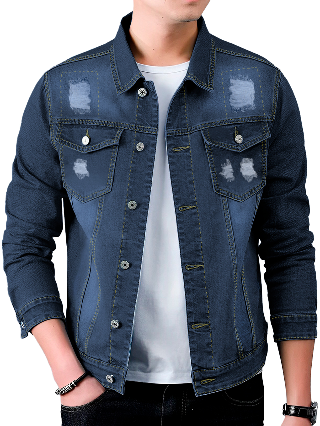 Foto 2 pulgar | Chamarra De Mezclilla Para Hombre Con Bolsillos Denim Azul Marino