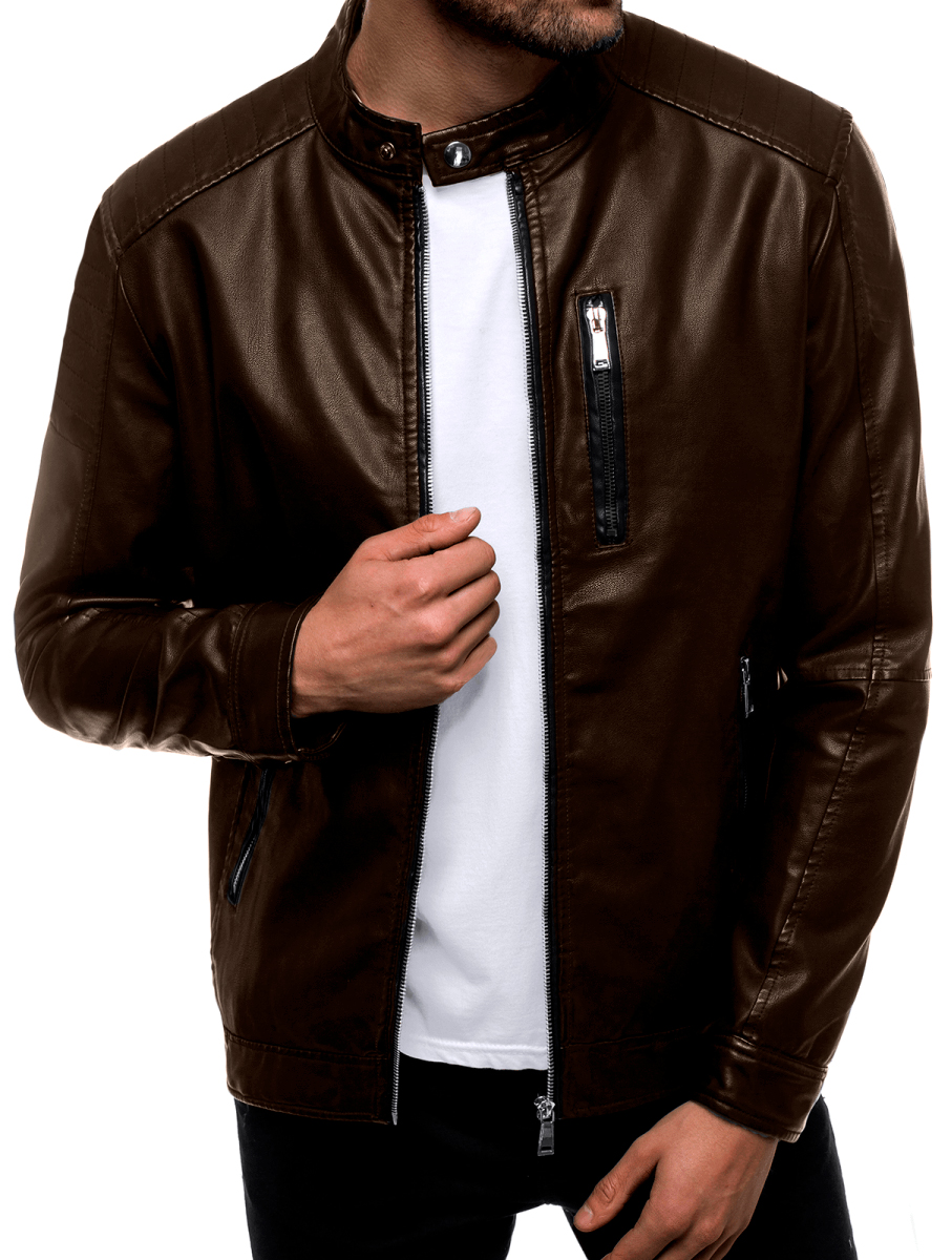 Foto 1 | Chamarra Shendy Vendy Chaqueta Vinipiel Tipo Biker Café para Hombre