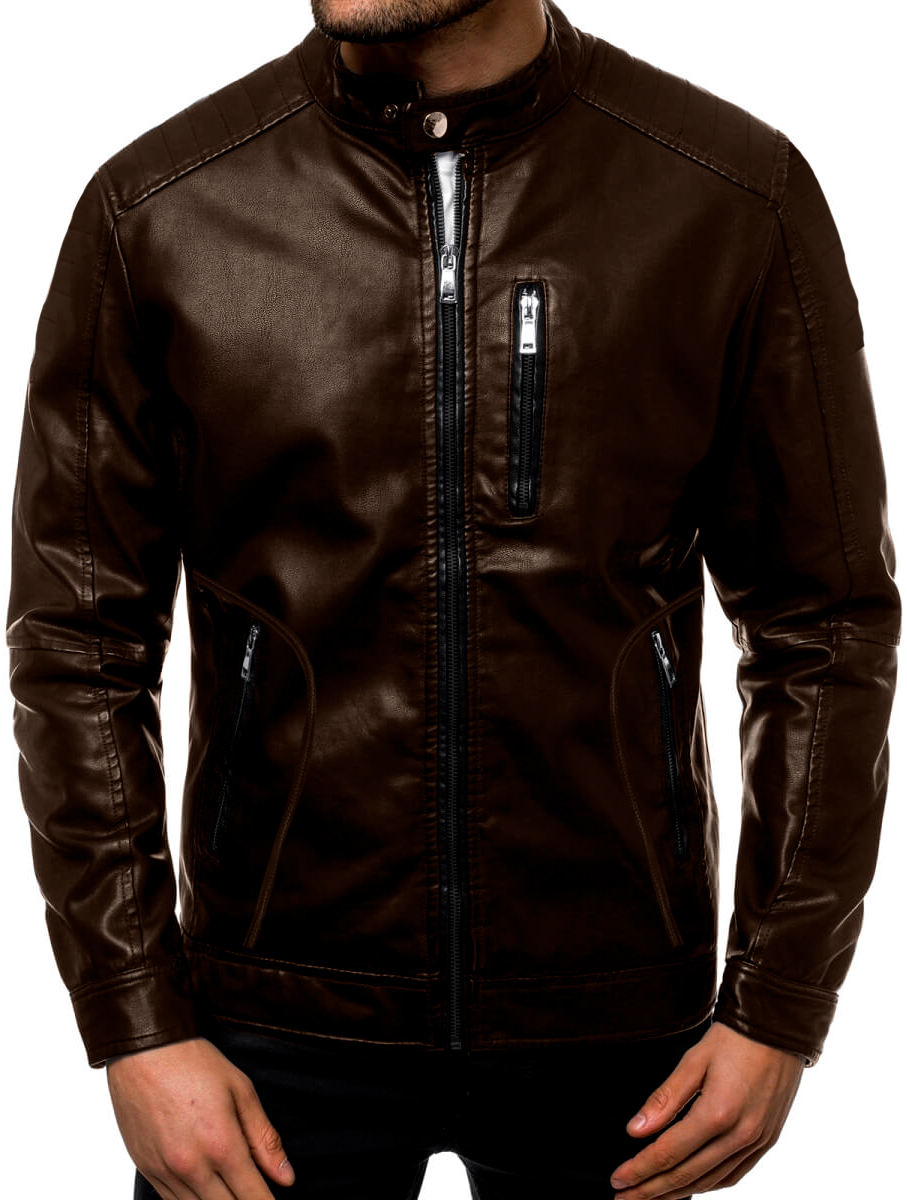 Foto 2 | Chamarra Shendy Vendy Chaqueta Vinipiel Tipo Biker Café para Hombre