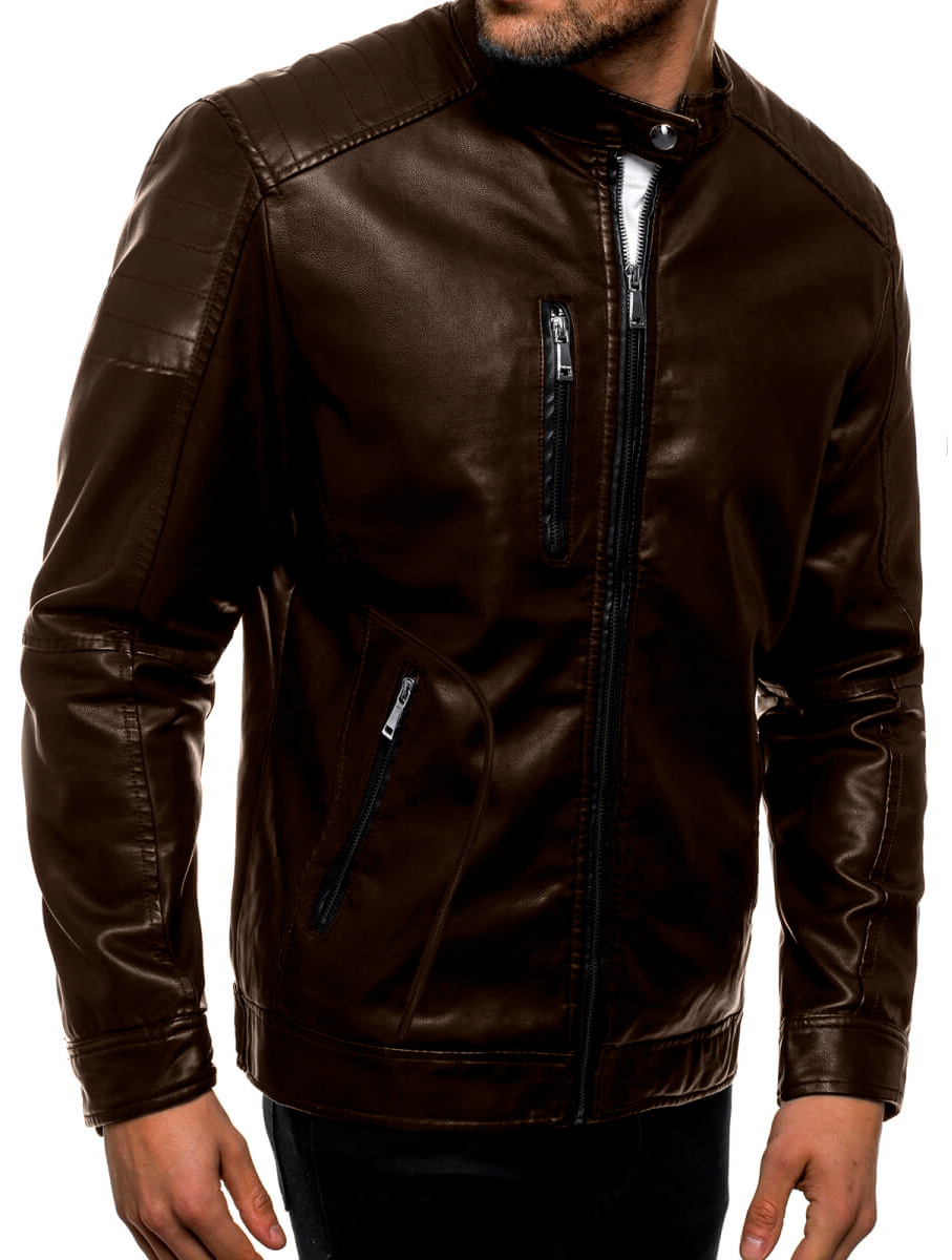 Foto 3 | Chamarra Shendy Vendy Chaqueta Vinipiel Tipo Biker Café para Hombre